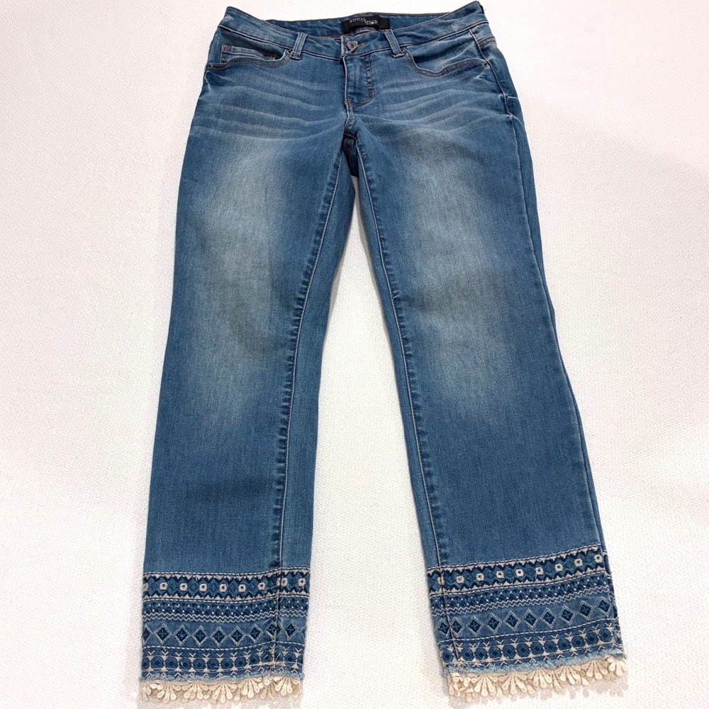 Stitch Star Jeans Blue Embroidered Boho Tassel Hem Straight Leg Size 4